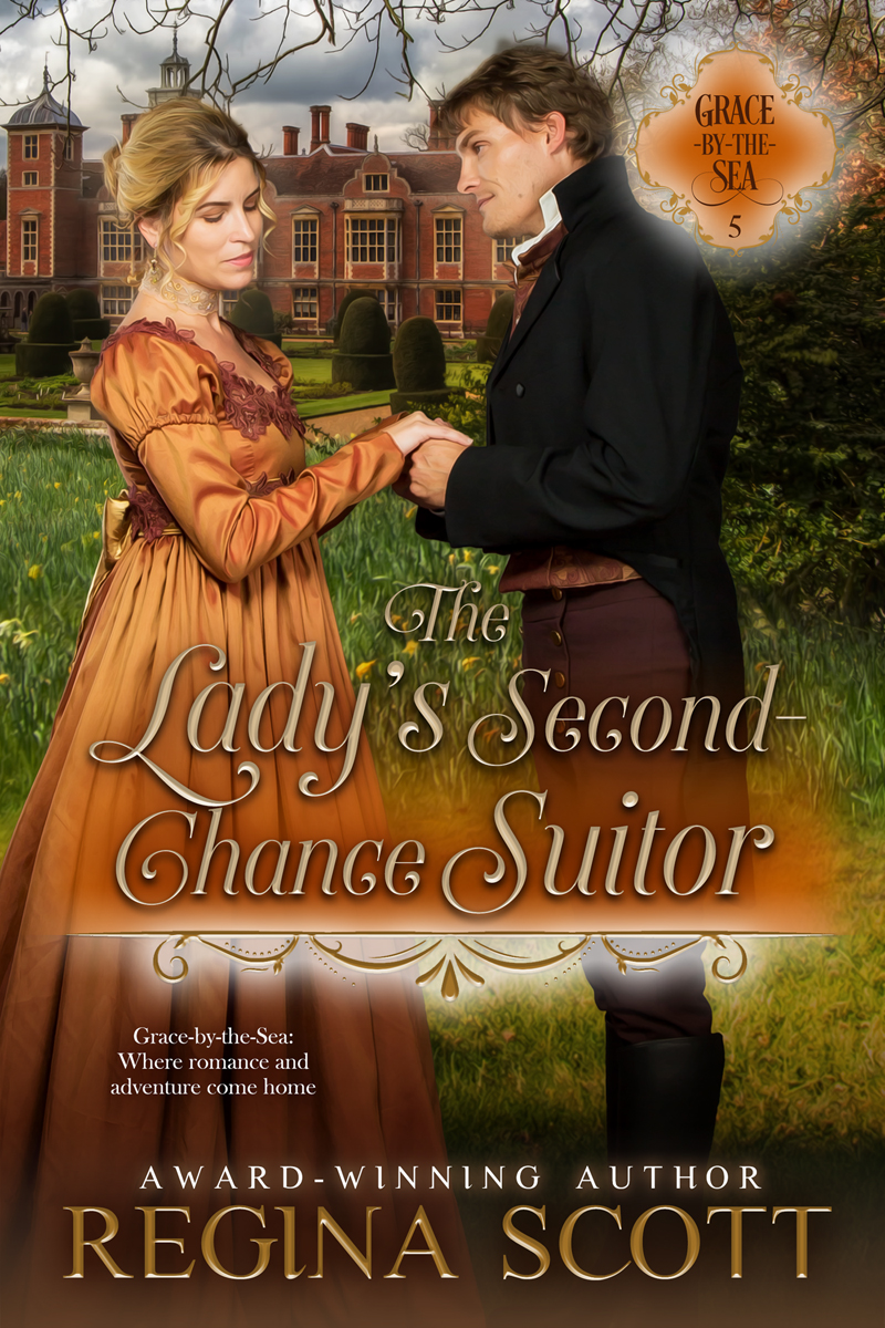 Cover for The Lady's Second-Chance Suitor, book 5 in the Grace-by-the-Sea series by historical romance author Regina Scott, showing a showing a couple holding hands near a brick manor house in autumn
