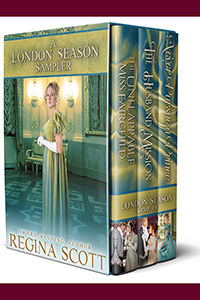 A London Season Sampler, featuring The Unflappable Miss Fairchild, The Husband Mission, and Never Pursue a Prince by historical romance author Regina Scott, showing a young lady in a vivid green dress in a fancy London ballroom
