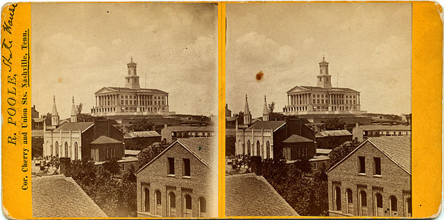 side-by-side picture of a city with a column-fronted statehouse high on a hill