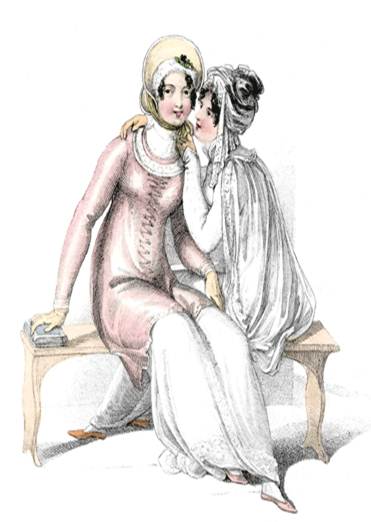 two Regency-era ladies whispering to each other