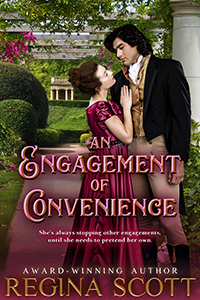An Engagement of Convenience, a sweet, clean Regency romance novella by historical romance author Regina Scott, showing a dashing dark-haired man with his arm about the waist of a pretty auburn-haired woman and a folly in the background