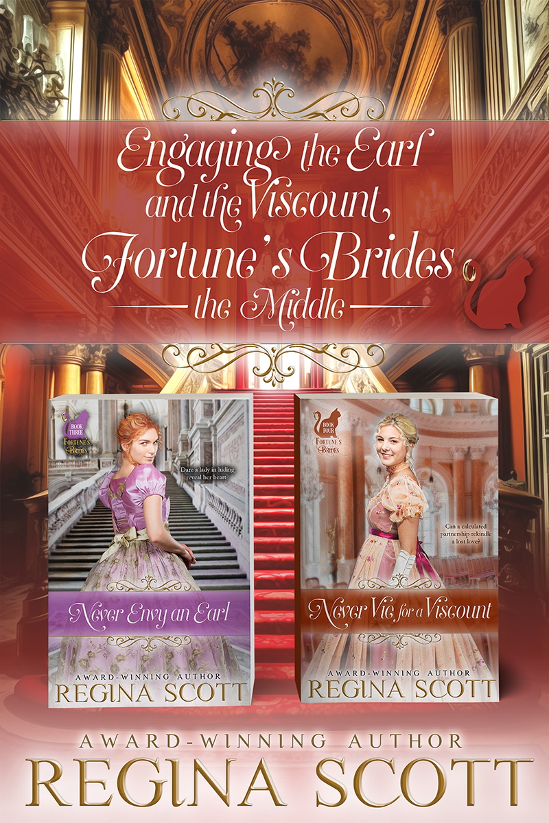 Cover for Engaging the Earl and the Viscount: Fortune's Brides, the Middle, a box set of the third and fourth books in the series, showing an impressive crimson and gold staircase with two books superimposed