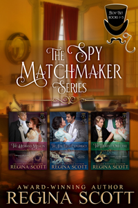 All three books in the Spy Matchmaker series by historical romance author Regina Scott, featuring The Husband Mission, The June Bride Conspiracy, and The Heiress Objective